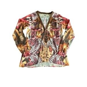 Rare Custo Barcelona Size Medium Multicolor Wearable‎ Art Leopard Swan #Q3-4